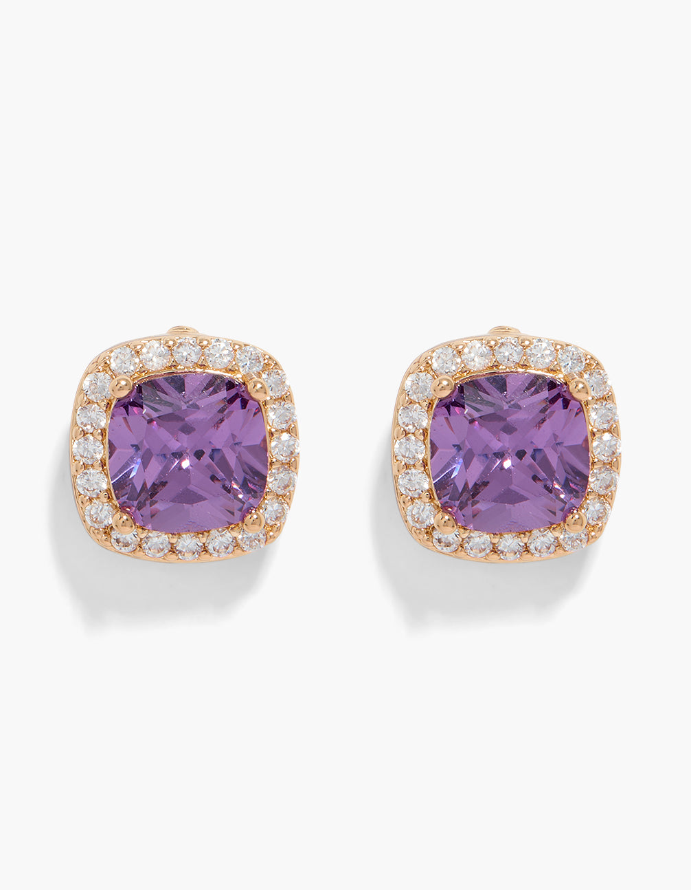 Featuring large purple cubic zirconia with crystal halo in statement stud earrings front view
