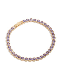 Showcasing a tennis bracelet featuring lilac cubic zirconia round stones set in gold front view - link has visual effect only