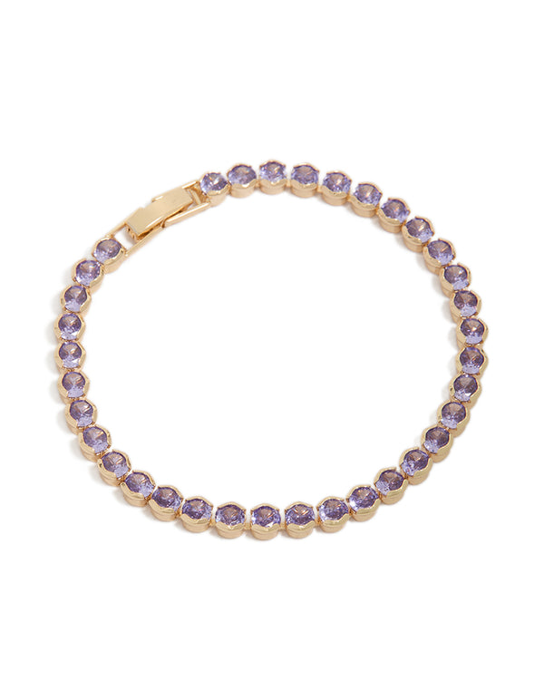 Showcasing a tennis bracelet featuring lilac cubic zirconia round stones set in gold front view