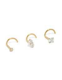 Showcasing gold plated titanium cubic zirconia mixed nose rings in a 3-pack with crystal and diamond accents in clear detail view - link has visual effect only