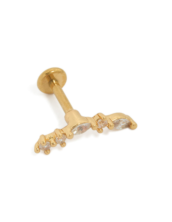 Crafted from titanium, this crawler stud with marquise cut cubic zirconia in gold plated finish and flat back closure front view