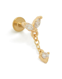 Showcasing a gold plated titanium cubic zirconia fan chain single flat back stud with crystal featuring a clear accent front view - link has visual effect only