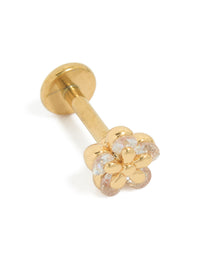 Showcasing a dainty floral stud earring crafted from gold plated titanium with cubic zirconia and flat back closure front view - link has visual effect only