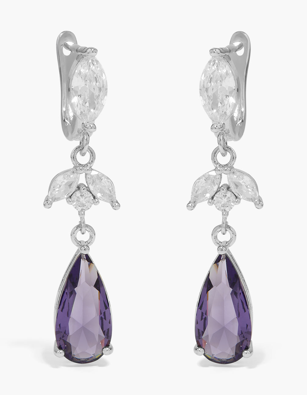 Showcasing purple cubic zirconia floral pear drop earrings in silver front view