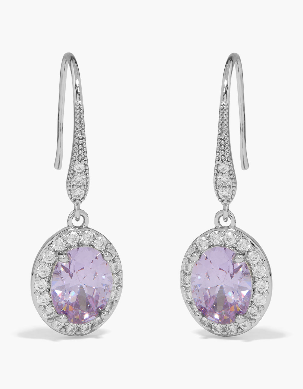 Showcase your elegance with Lilac Cubic Zirconia Mini Pavé Drop Earrings featuring statement silver styling front view