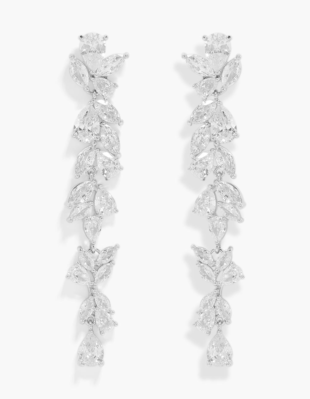 Beautifully crafted statement vine drop earrings with cubic zirconia in silver front view