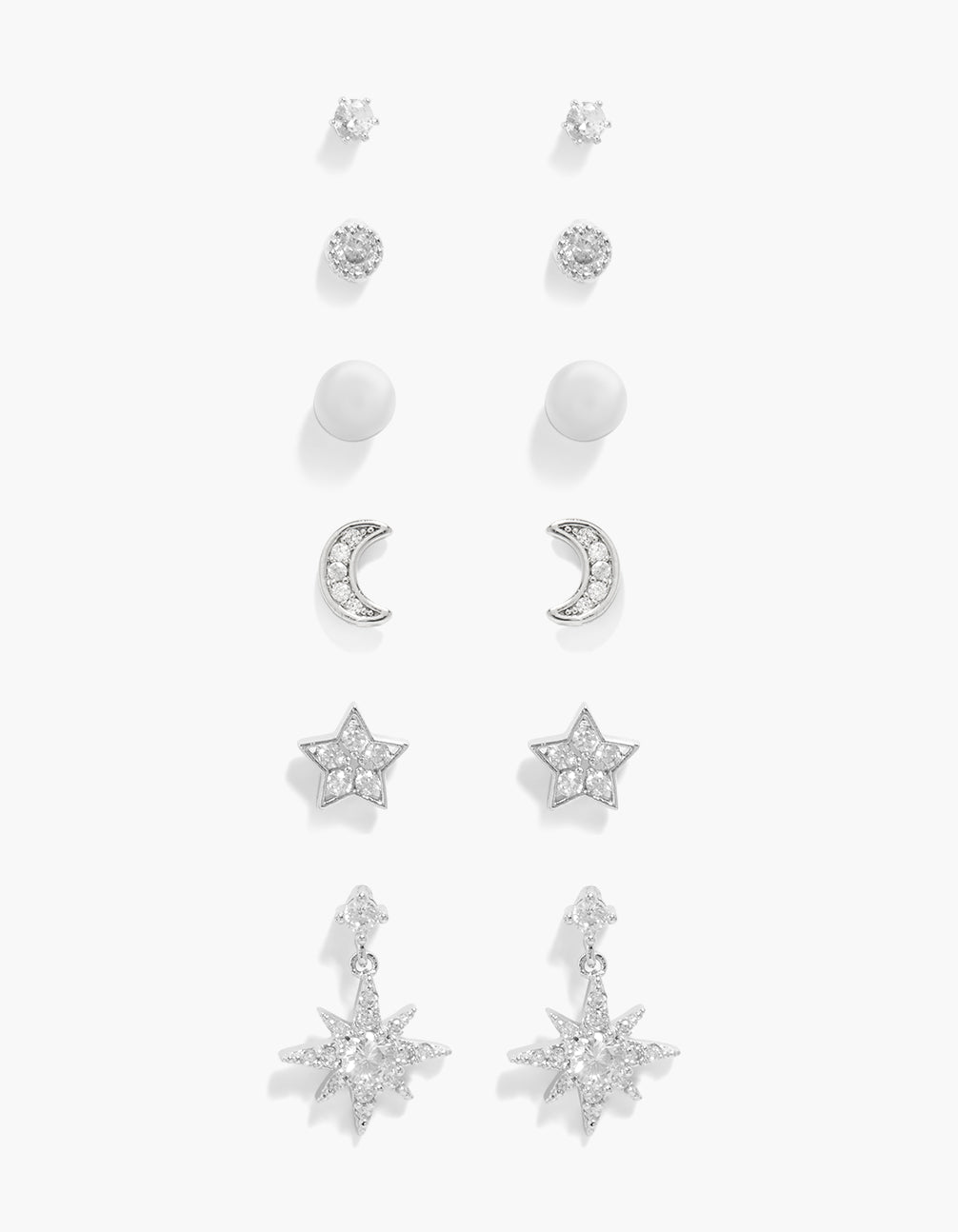 Showcasing a 6-pack of stud earrings featuring celestial designs with moon, star, pearl, and cubic zirconia in silver front view
