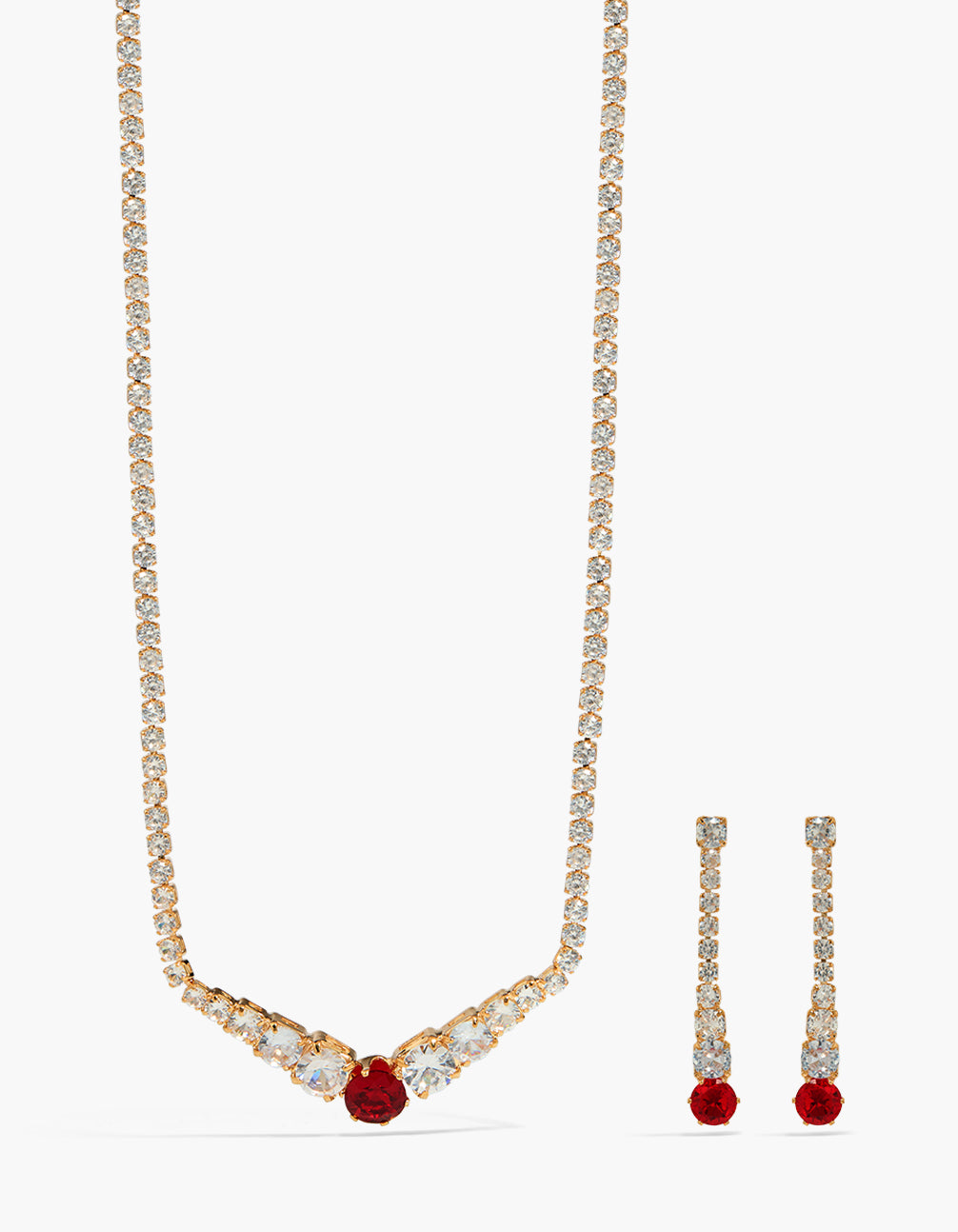 Gold Red Cubic Zirconia Pointed Necklace & Earrings Set