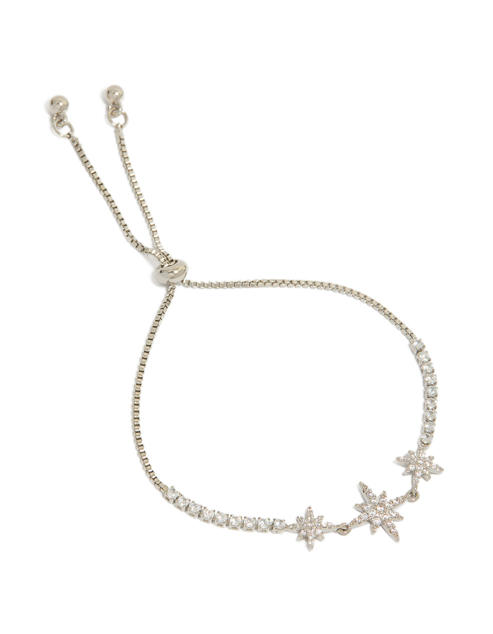 Showcasing a celestial bracelet with triple star cubic zirconia accents in silver and clear front view