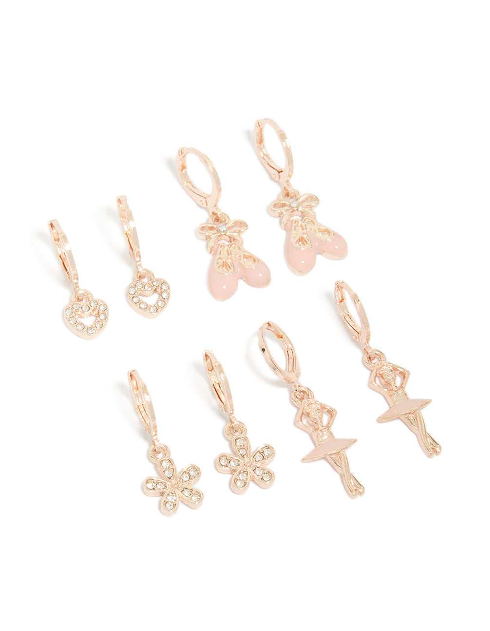 Charming kids rose gold ballet huggie earrings 4-pack featuring bow, floral and heart in pink front view