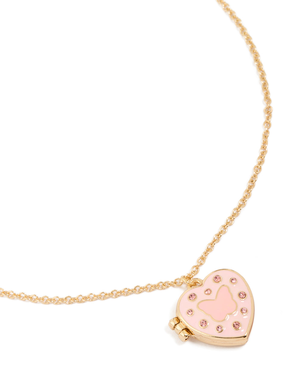 Adorable kids necklace with butterfly, heart locket, and pink accents in gold front view