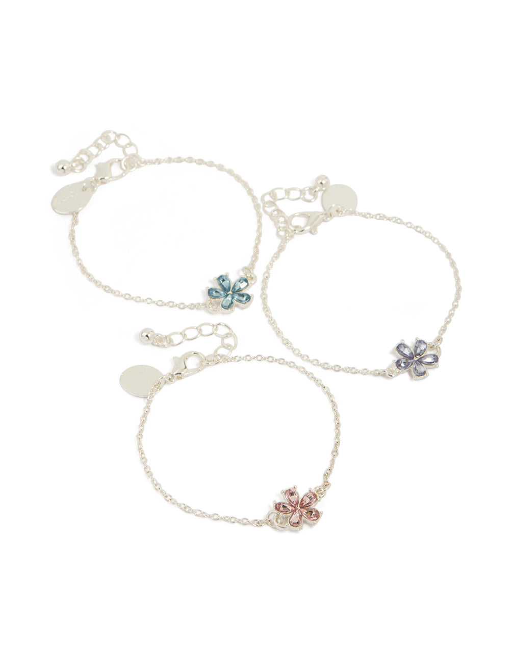 Showcase three kids silver diamante flower best friends bracelets in a 3-pack design front view