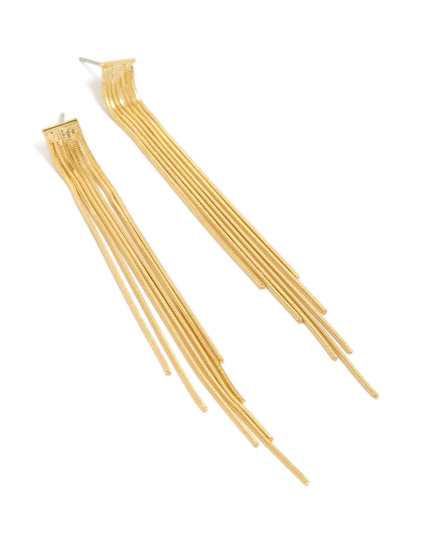 Showcasing statement style waterfall chain drop earrings featuring tassel design in gold plated finish front view