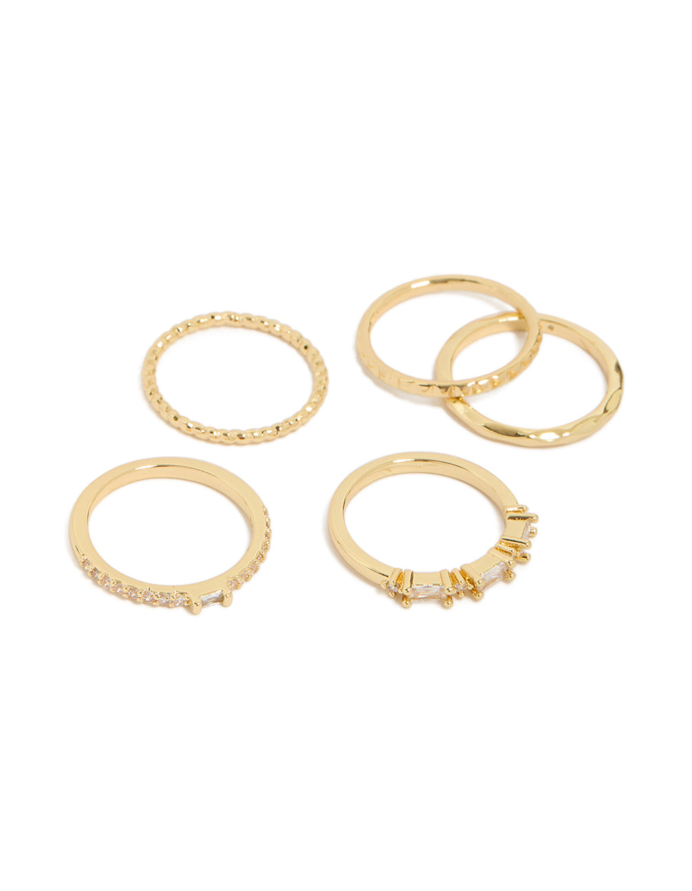 Showcasing a gold plated cubic zirconia mixed rings 5-pack front view