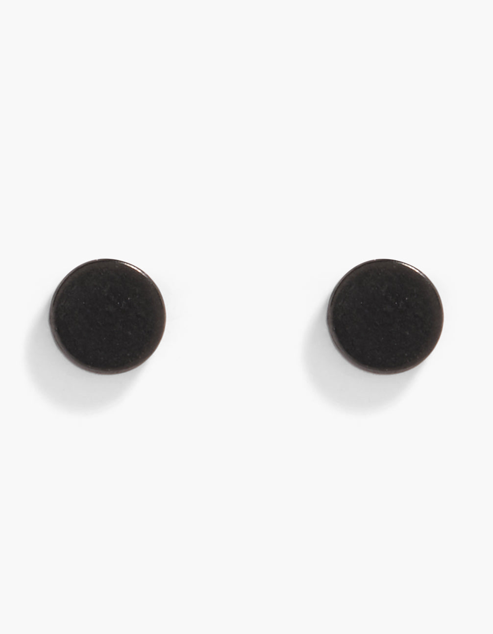 Showcasing mens waterproof black coated round stud earrings crafted from stainless steel with flat back closure front view