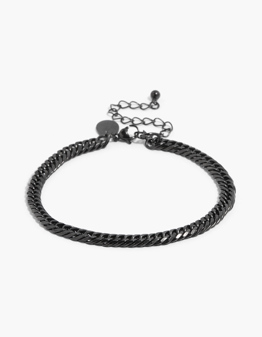 Showcasing a mens waterproof black coated stainless steel smooth Cuban link bracelet front view