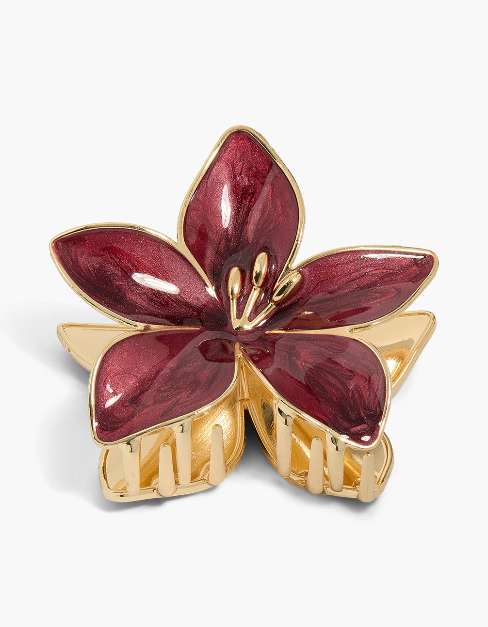 Showcasing a floral enamel hair claw clip in gold and maroon front view