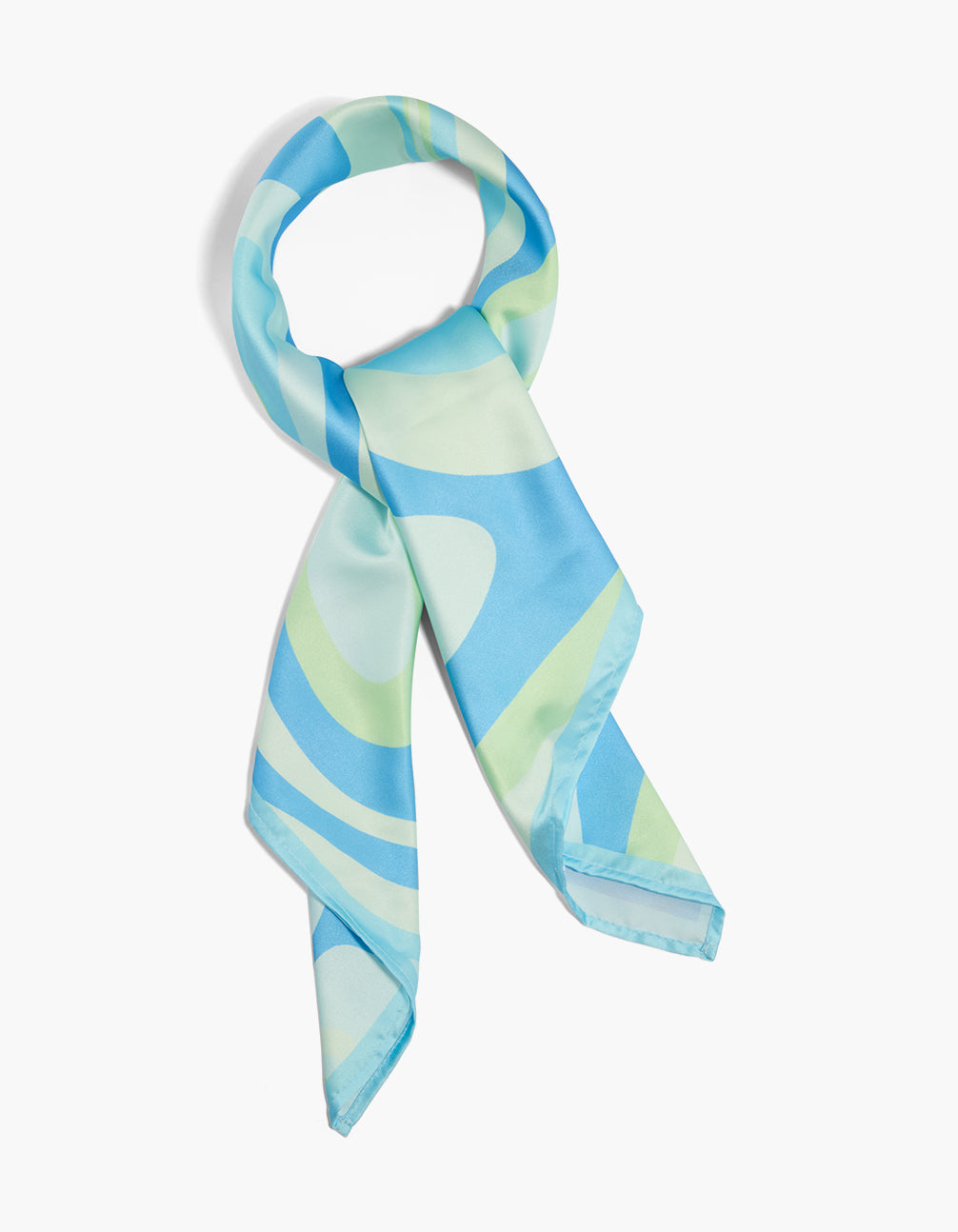 Discover a blue and green striped tie-dye fabric scarf in sky blue, pale green, light cyan, and white front view