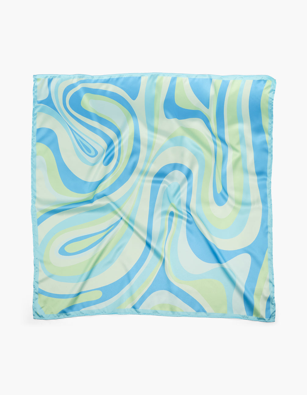 Showcasing a blue and green striped tie-dye fabric scarf in sky blue, pale green, light cyan, and white detail view