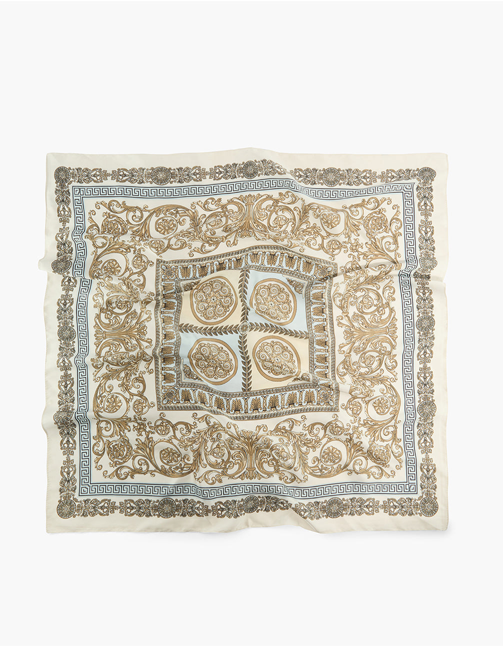 Featuring a white monochrome Greek key and paisley printed scarf in goldenrod and light blue with statement style front view