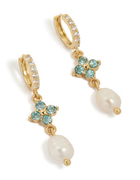 Elegant gold plated blue diamante and freshwater pearl drop earrings front view - link has visual effect only