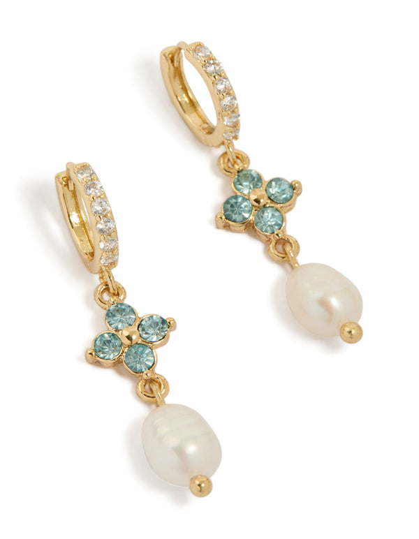 Elegant gold plated blue diamante and freshwater pearl drop earrings front view
