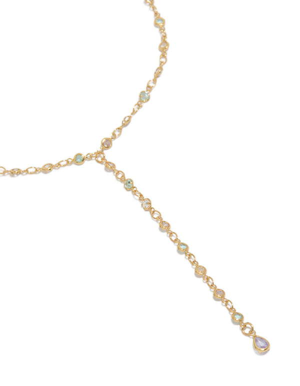 Gold Plated Cubic Zirconia Blue Circle Detail Y-Necklace