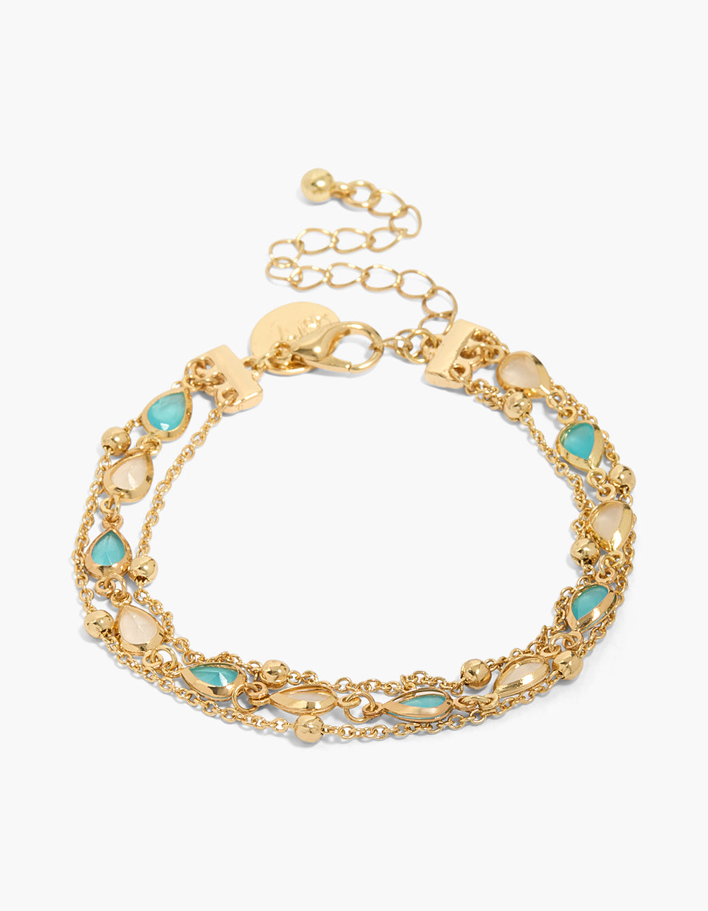 Elegantly crafted gold plated multicoloured cubic zirconia layered bracelet with balls featuring turquoise and peach accents front view