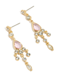 Elegant gold plated pink cubic zirconia drop detail earrings front view - link has visual effect only