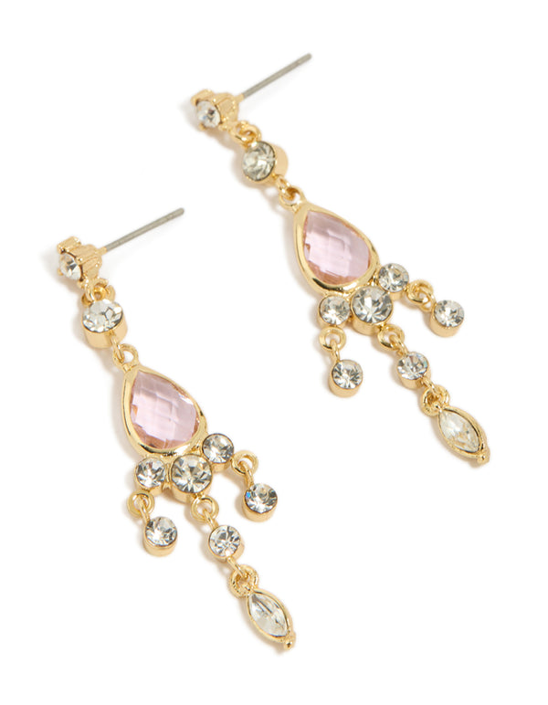 Elegant gold plated pink cubic zirconia drop detail earrings front view