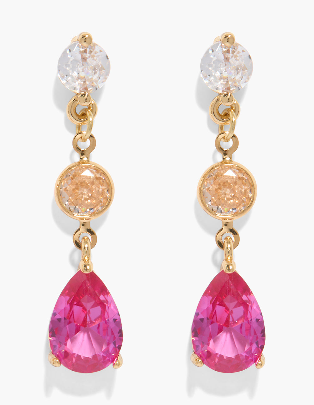 Gold Plated Pink Cubic Zirconia Teardrop Layered Drop Earrings