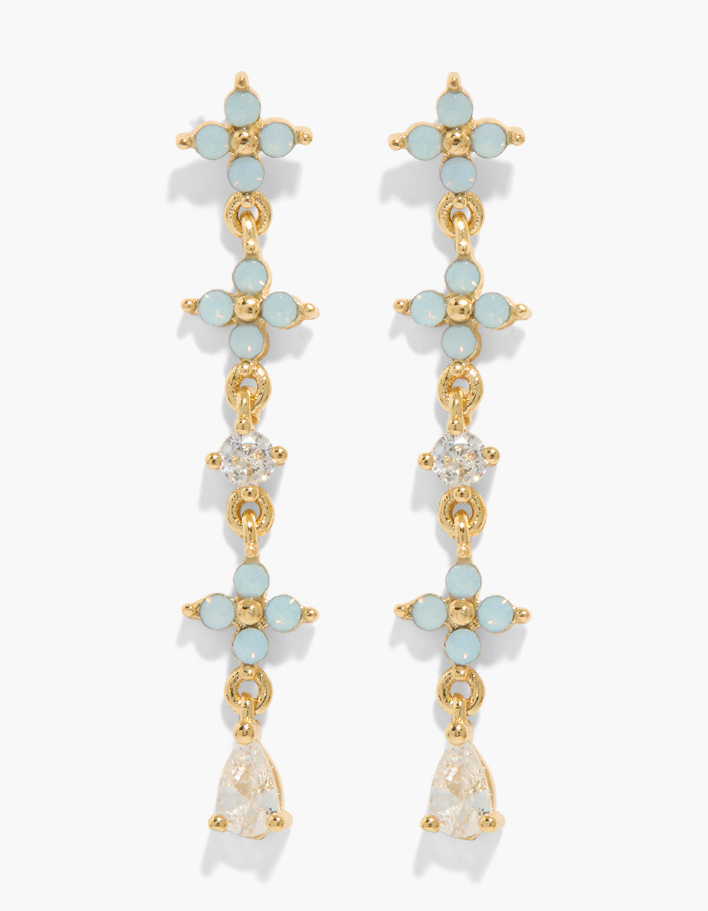 Gold Plated Cubic Zirconia & Mini Blue Flowers Drop Earrings