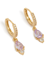 Showcasing teardrop earrings crafted from gold plated material with cubic zirconia in lilac and clear tones front view - link has visual effect only