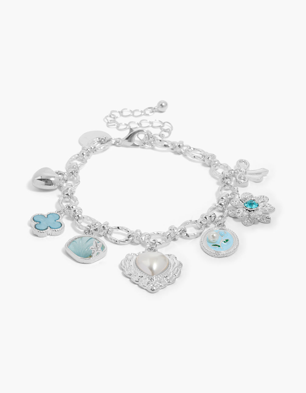 Silver Blue Diamante Bow & Heart Charm Bracelet
