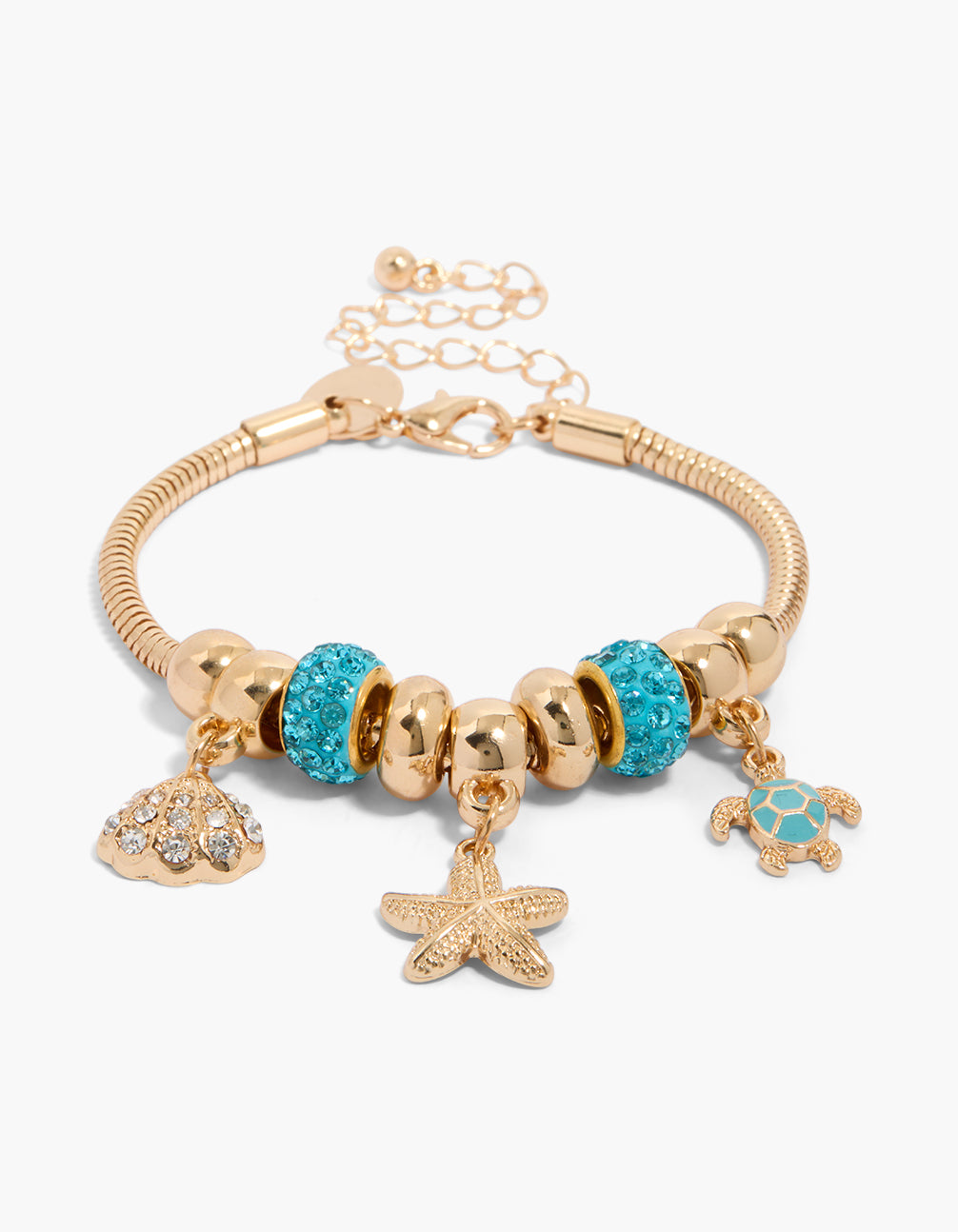 Gold Blue Diamante Starfish & Turtle Charm Bracelet