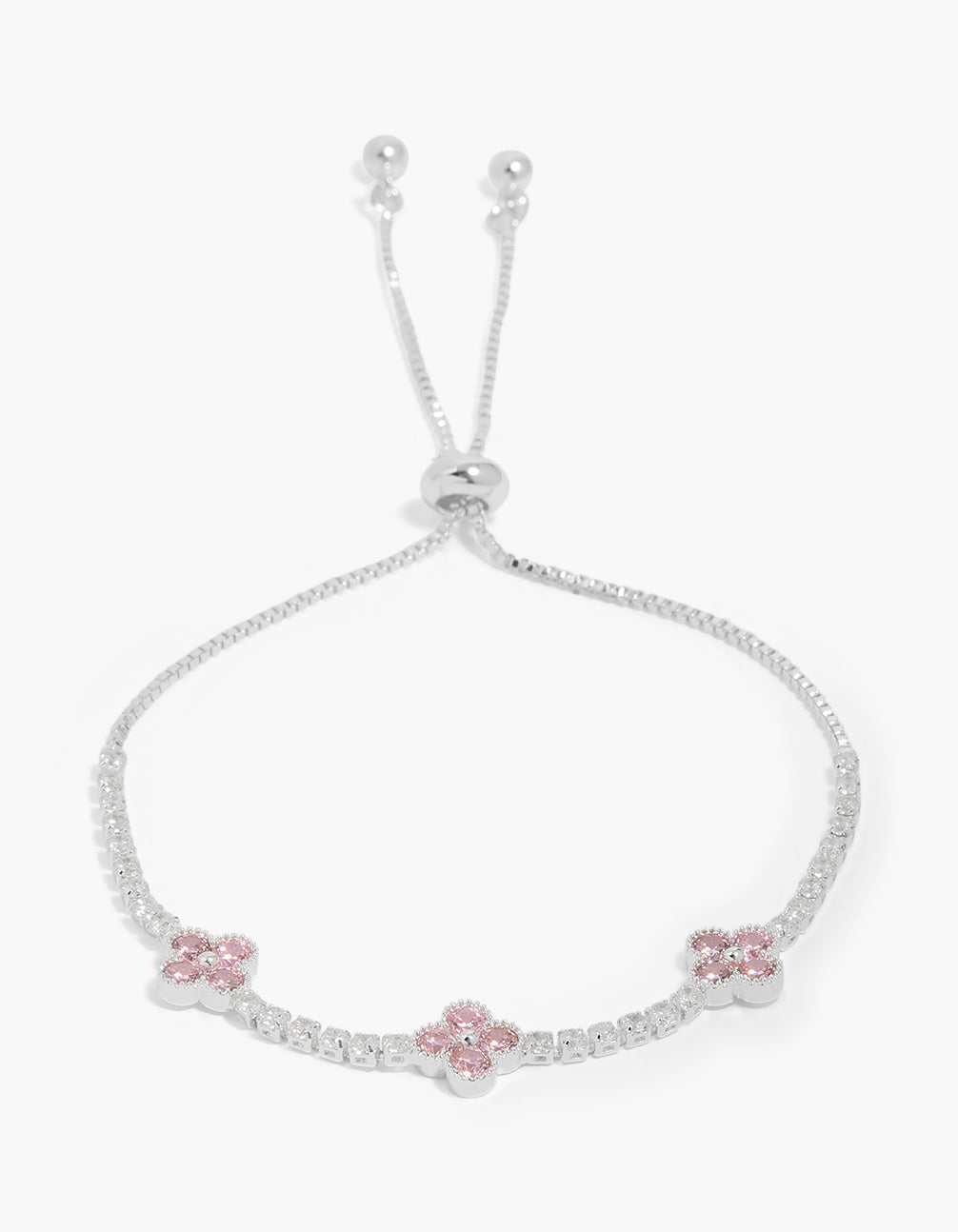 Silver Plated Cubic Zirconia Flowers Station Toggle  Bracelet