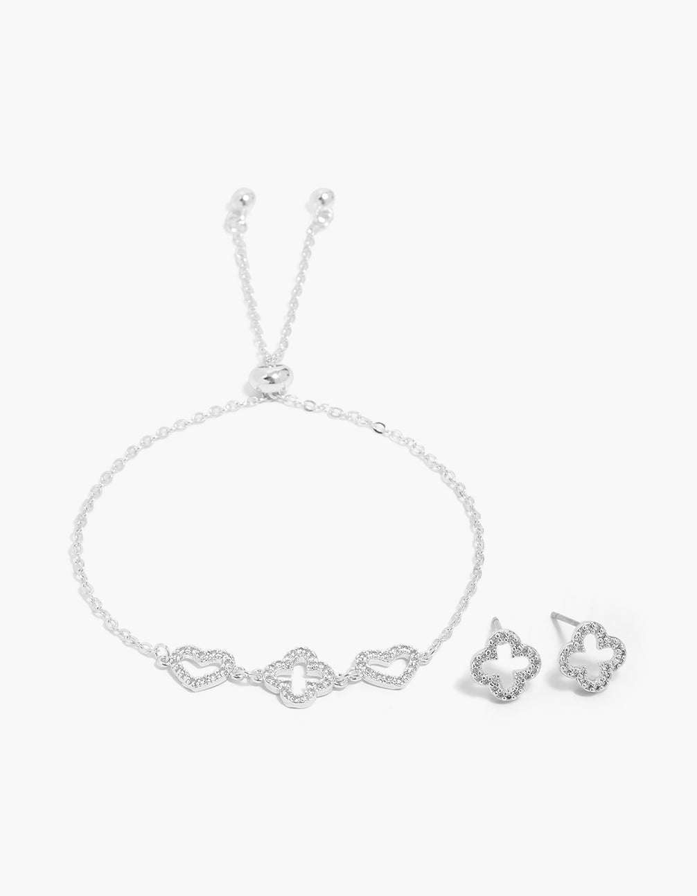 Silver Plated Cubic Zirconia Flower & Heart Outline Bracelet & Earrings