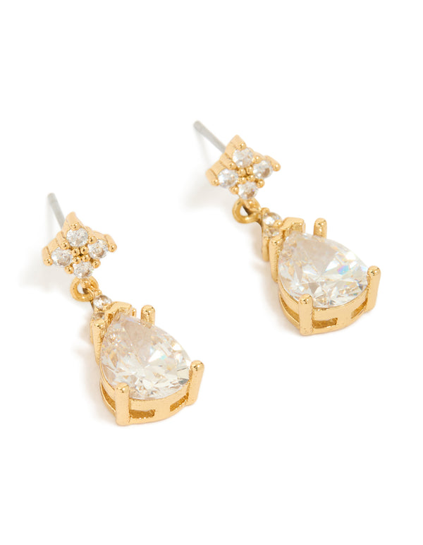 Stunning gold plated cubic zirconia floral teardrop earrings front view