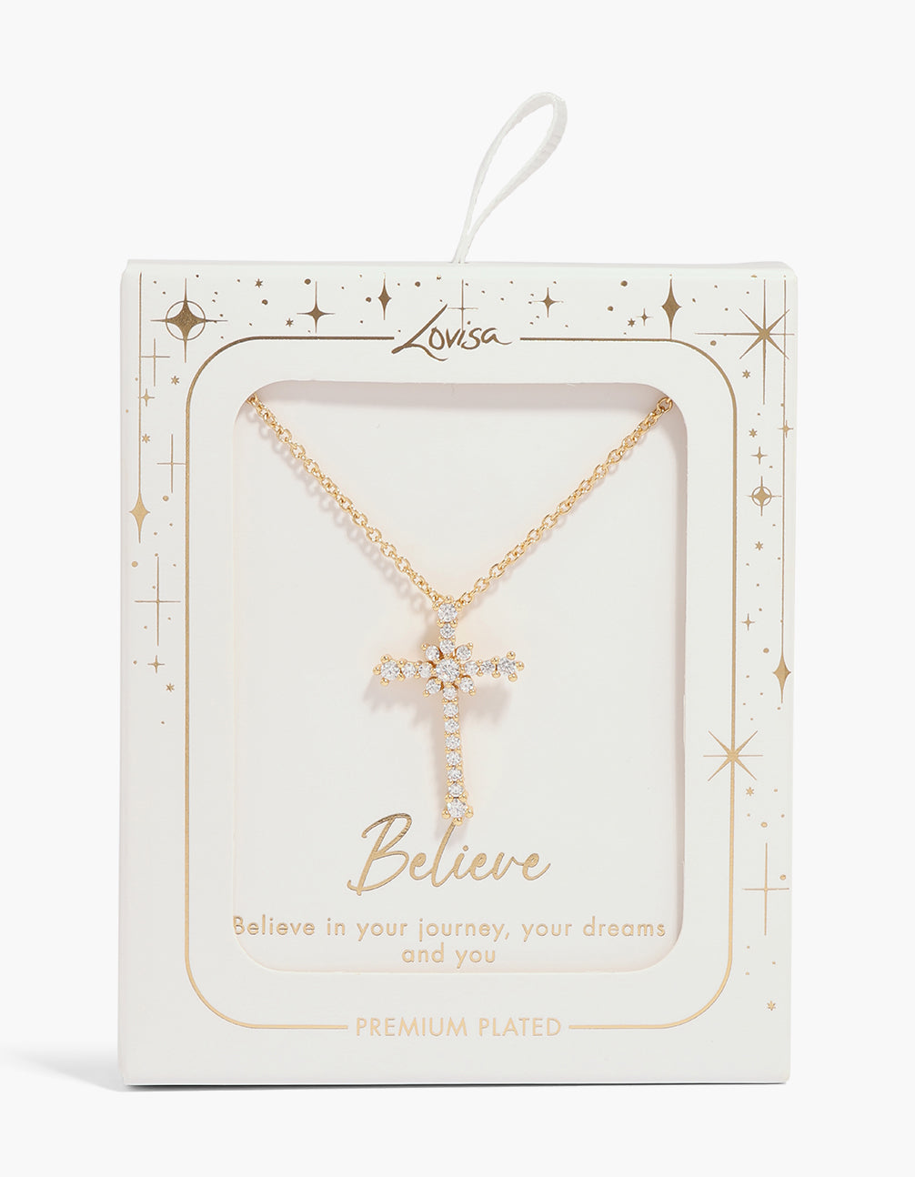 Showcasing a gold plated cubic zirconia cross pendant necklace close up view