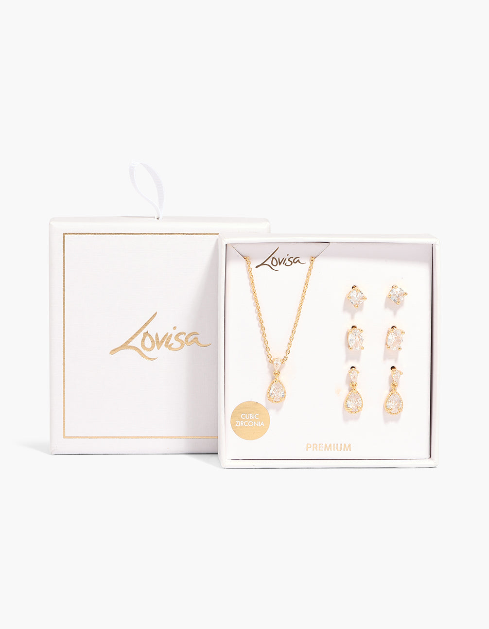 Gold Plated Cubic Zirconia Teardrop Mix Earring & Necklace Jewellery Set 3-Pack