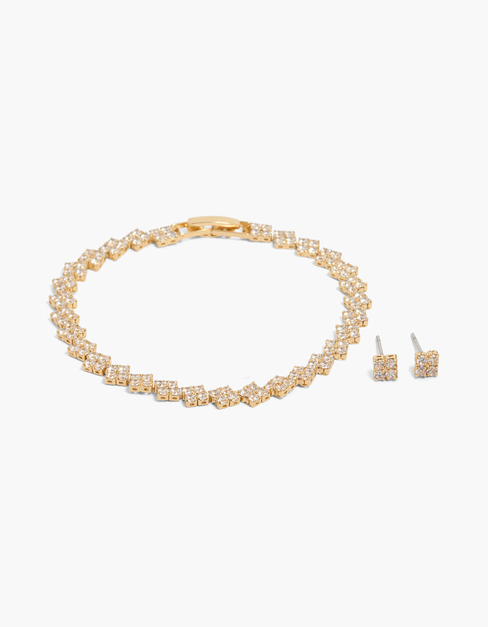 Gold Plated Cubic Zirconia Flower Tennis Bracelet & Earrings Set