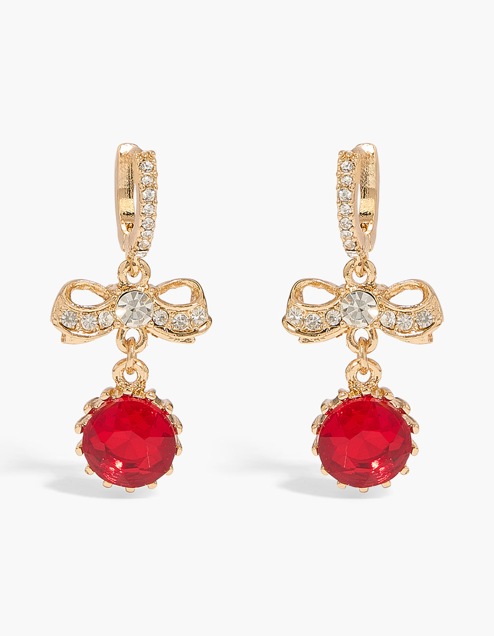 Showcasing gold red cubic zirconia and bow huggie earrings in a front view