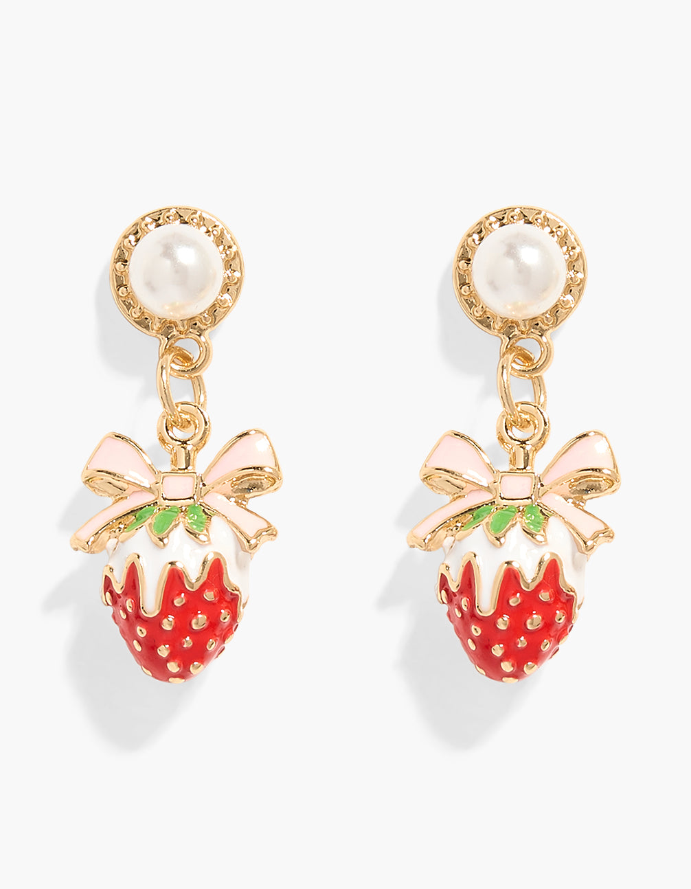 Showcasing gold drop earrings featuring bow, pearl and strawberry fruit details in red, white, and pink front view