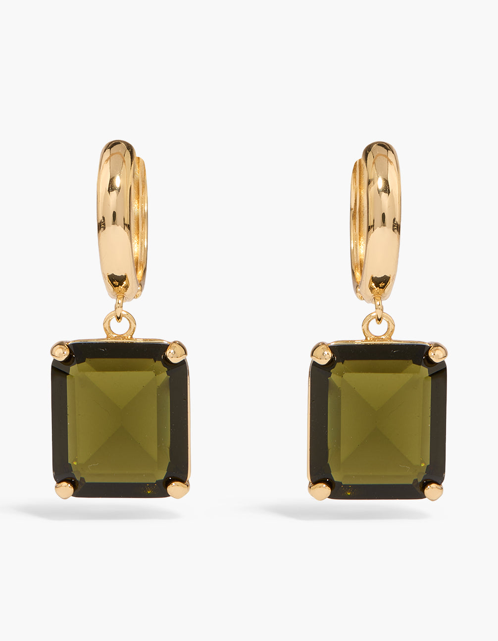 Gold Plated Dark Olive Green Cubic Zirconia Square Drop Earrings