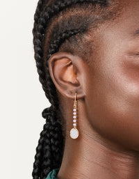 Stunning threader earrings featuring pink beads and rose quartz drop in gold plated statement style on ear view - link has visual effect only