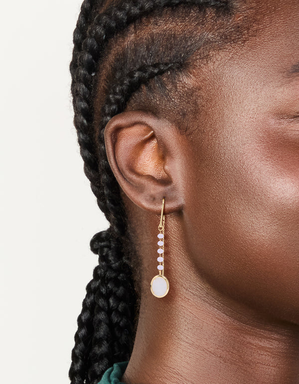 Stunning threader earrings featuring pink beads and rose quartz drop in gold plated statement style on ear view