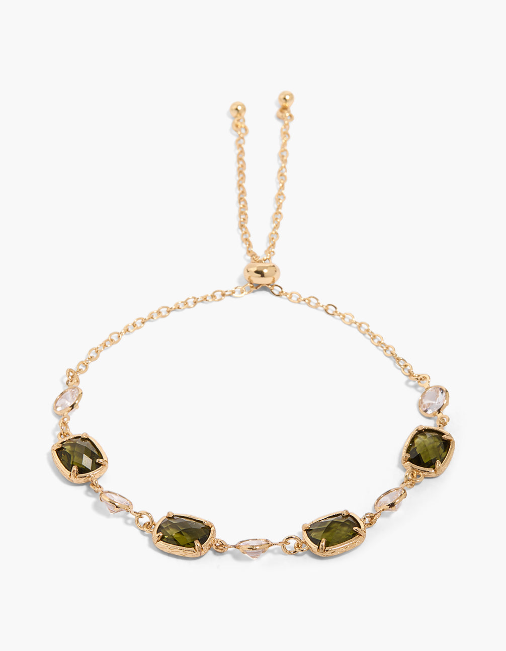 Showcasing a gold plated olive green cubic zirconia square cut bezel toggle bracelet front view
