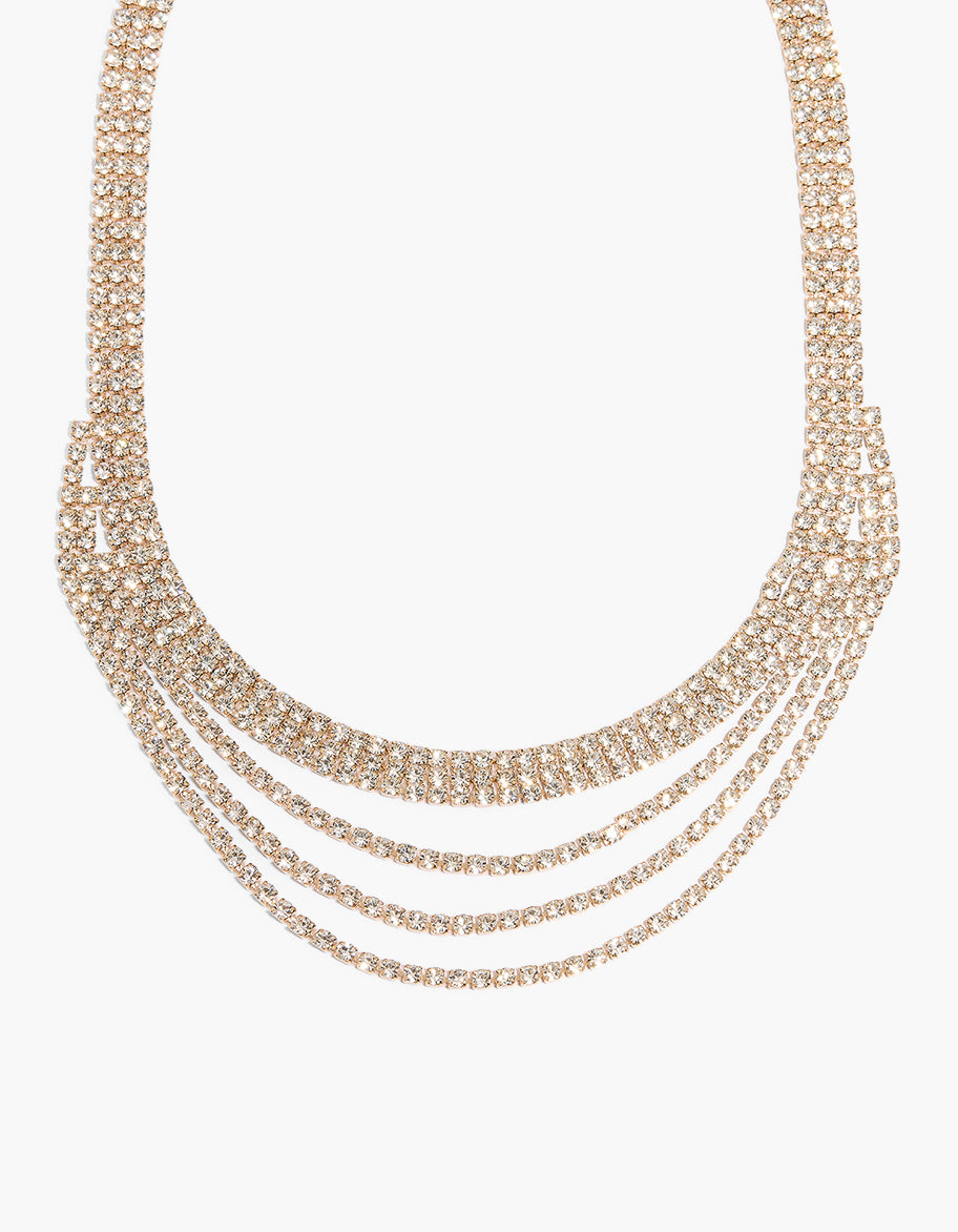 Showcasing a gold diamante triple layered choker necklace with statement styling front view
