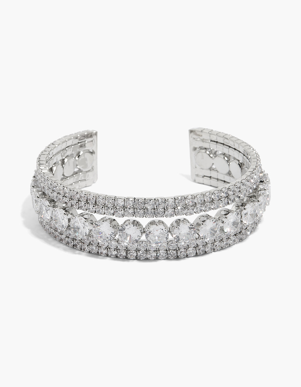 Showcasing a cubic zirconia cup chain wrist cuff in silver front view
