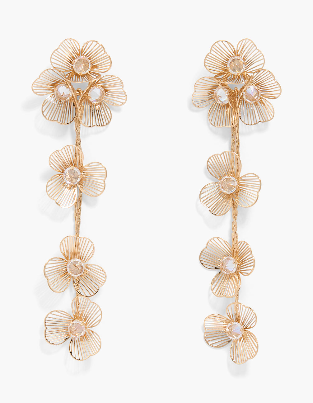 Showcasing gold laser cut flower drop earrings in floral details front view